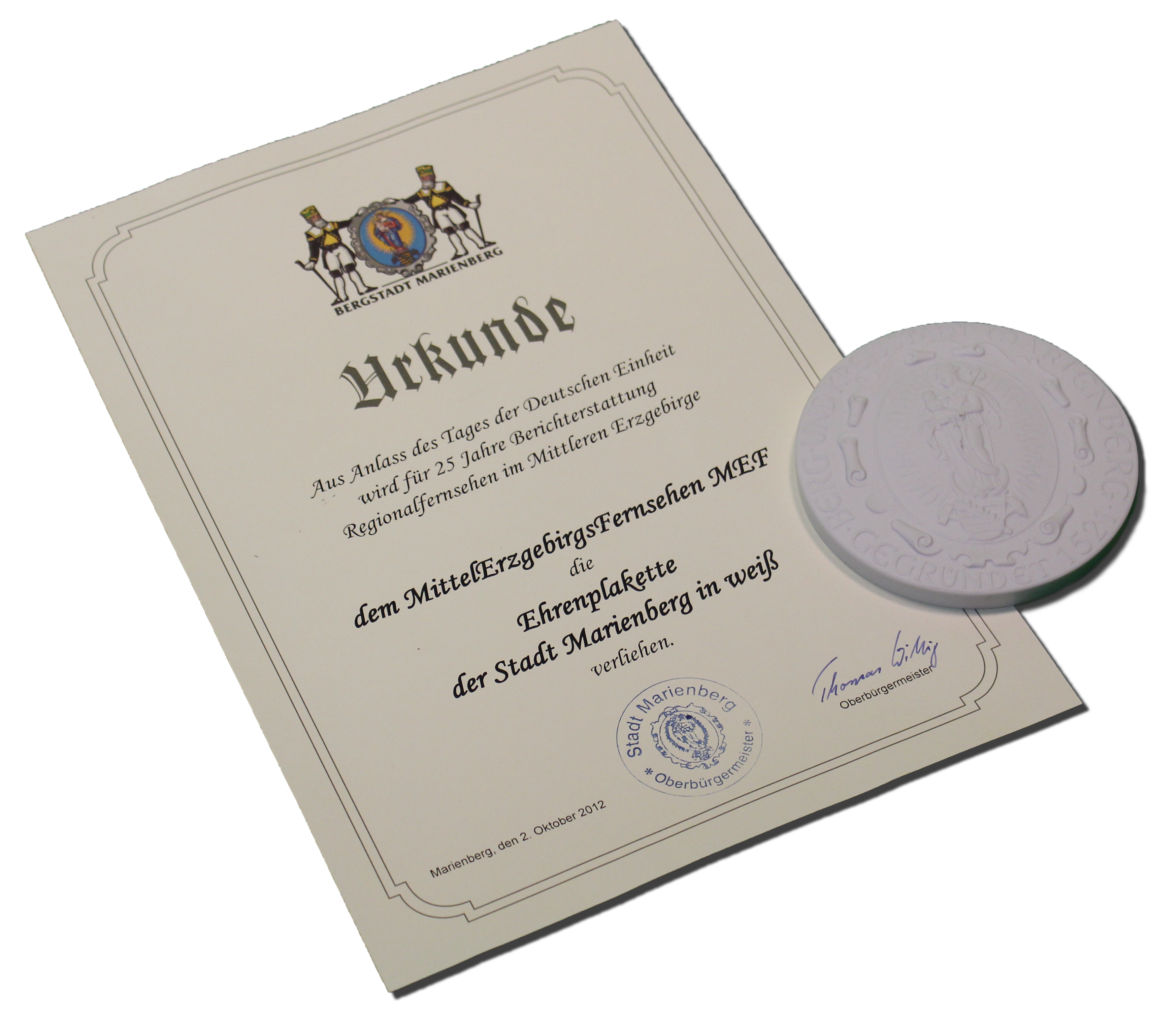 Ehrenplakette der Stadt Marienberg in weiß Ehrenplakette der Stadt Marienberg in weiß